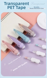 Macro view of transparent PET correction tape set in four pastel colors with refills