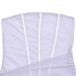 Detailed close-up of light purple mesh dress with white piping and textured fabric