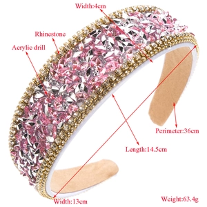 Serre-tête large baroque élégant avec cristaux roses et strass sur base dorée