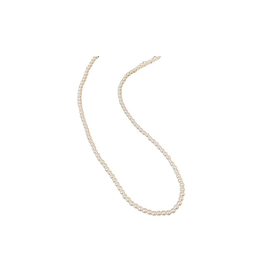 Elegant French style necklace with round white pearls on a minimalist white background
