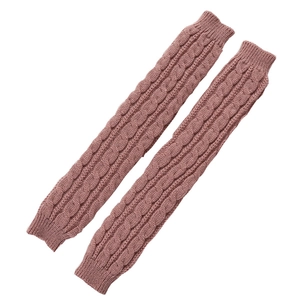 Dusty pink cable knit arm warmers with ribbed cuffs, fingerless long knit gloves