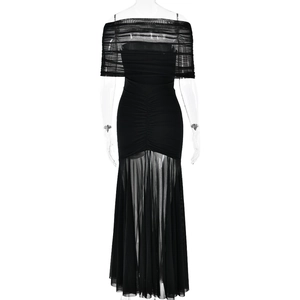 Detail of black off-shoulder mesh mermaid dress with ruched bodice and flared hemline