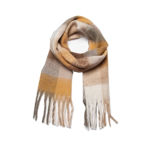 Cozy thick imitation mohair plaid scarf with tassels in earthy yellow and brown tones