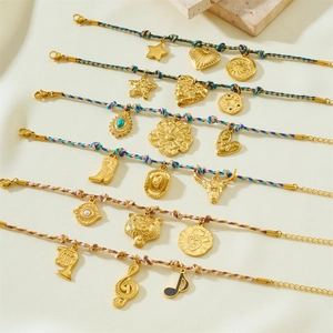 Bohemian gold-plated stainless steel charm bracelets with colorful woven rope chains