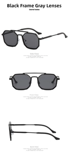 Steampunk black polygonal sunglasses with double bridge design shown in three views