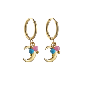 Detail of 14K gold moon drop earrings with pink and blue beads on white background