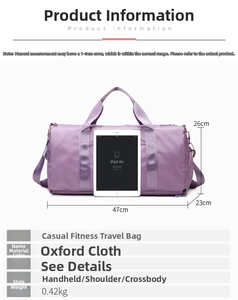 Detailed dimensions of purple Oxford gym bag with size chart and iPad comparison