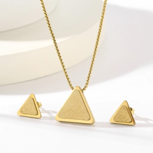 Minimalist gold star triangle pendant necklace and stud earrings set with matte finish