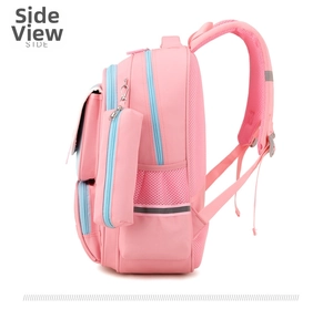 Side view of pink and blue ergonomic school bag with breathable mesh straps and pencil case
