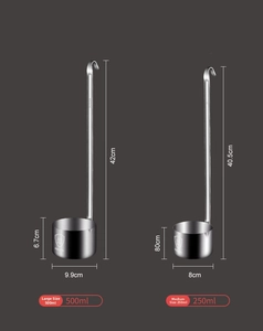 Detail view of 304 stainless steel liquid funnels in 500ml and 250ml sizes with long handles