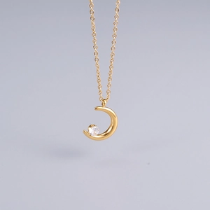 18K gold plated titanium moon necklace with sparkling zircon stone on delicate O-chain