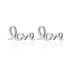 Polished silver LOVE stud earrings with mirror reflection on a clean white backdrop