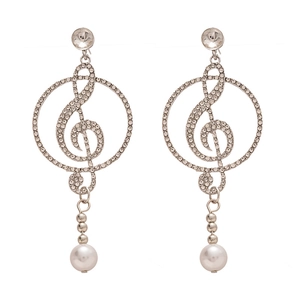 Elegant musical note drop earrings with sparkling rhinestones and white pearl charms