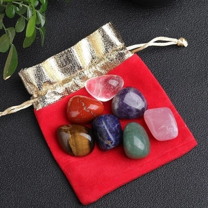 Set of 7 natural polished crystal stones with a red velvet drawstring storage pouch