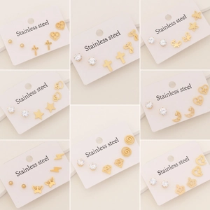 Stainless Steel Stud Earrings Zircon Cross Heart Star Moon Butterfly Crown Jewelry For Women