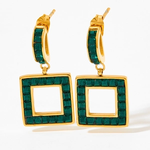 Square gold earrings with emerald green crystals and hollow geometric design for women