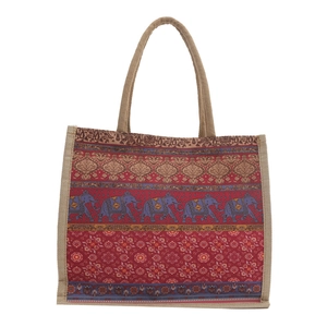 Bohemian cotton linen tote bag with blue elephant embroidery and woven handles