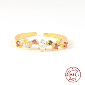 Detail of adjustable S925 sterling silver ring featuring colorful gemstones on a white background
