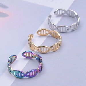 DNA double helix style open rings shown in silver, gold and rainbow finish