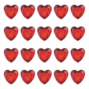Macro detail of 20 pieces red heart shaped acrylic rhinestones in grid layout