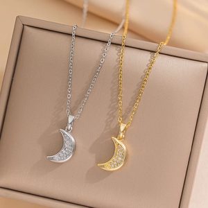 Moon Pendant Necklace Stainless Steel 18K Gold Plated Rhinestone Crescent Charm Minimalist Fashion Jewelry For Women