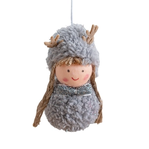 Christmas plush girl ornament with reindeer antlers and gray hat on a white background