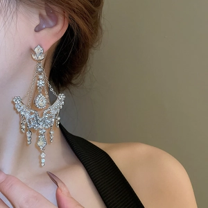 Close-up of sparkling flower water drop fringe earrings on a model's ear