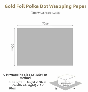 Guide for measuring gift box size with formulas for gold polka dot wrapping paper