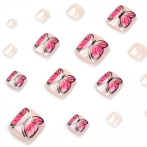 Pink butterfly press-on toenails set with translucent finish and delicate nail art pattern