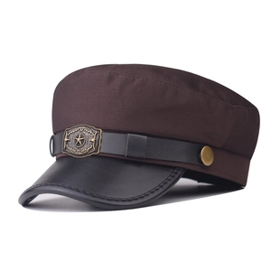 Brown canvas military flat top cap with leather visor and pentagram star metal badge