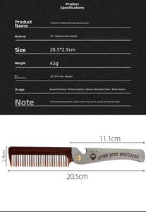 Detailed view of foldable stainless steel comb with integrated bottle opener and PC teeth