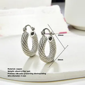 Silver twist rope hoop earrings in vintage chunky style made of 18k plated copper