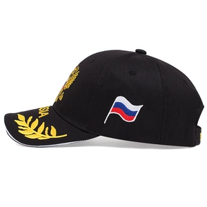Adjustable black Russian embroidery baseball cap with national emblem and flag detail