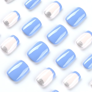 Short square blue and white press-on nails with silver glitter french design highlights