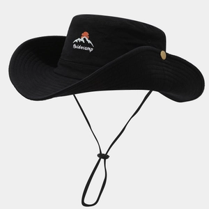 Detail of black outdoor sun hat featuring mountain embroidery and adjustable chin strap
