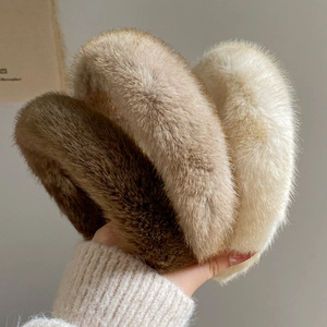 Winter faux mink fur headband in brown khaki and white plush thick hairband set
