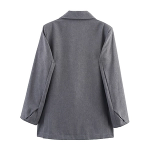 Rear view of a minimalist grey long-sleeved blazer with clean lines and smooth texture