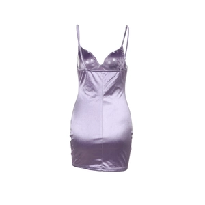 Front view of purple satin bodycon mini dress showing silky texture and slim fit design
