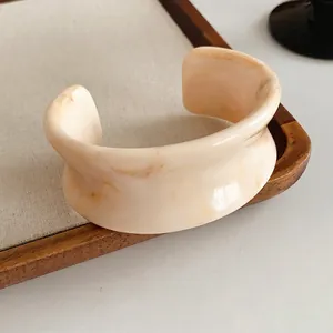 Wide Resin Cuff Bracelet Marble Texture Open Bangle Minimalist Wave Design Vintage Style Jewelry For Women