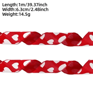 Detail view of red heart print faux linen ribbon showing 6.3cm width and 1m length specs