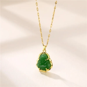 Titanium steel necklace with green Maitreya Buddha pendant in gold plated frame