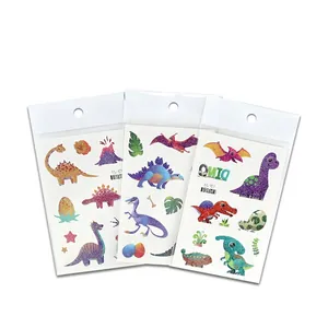 Glittering cartoon dinosaur tattoo stickers with colorful T-Rex and volcano designs