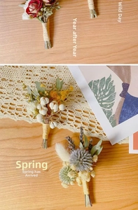Detailed view of dried flower corsages with natural jute twine wrapping for weddings