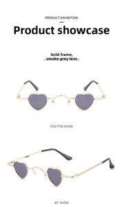 Detailed front and side views of gold heart-shaped metal sunglasses with dark grey lenses