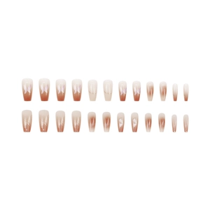 Caramel gradient press-on nails with purple butterfly design, 24-piece coffin shape set