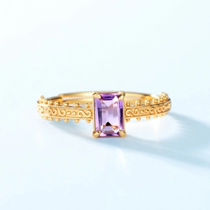 Vintage style S925 silver ring with rectangular purple crystal and engraved gold band
