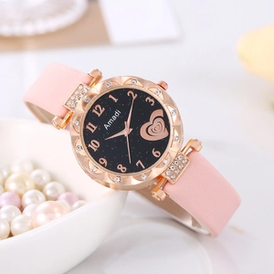 Elegant starry sky watch for women with rose gold rhinestone bezel and pink leather strap
