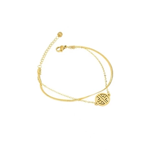 Vintage gold-tone double-layer titanium steel bracelet with Chinese character pendant