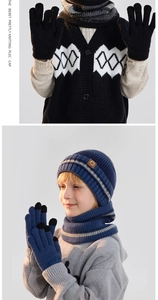 Detailed view of children's winter knit hat, scarf and touchscreen gloves set