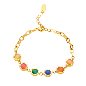 French vintage stainless steel gold bracelet with six colorful round cat eye stones